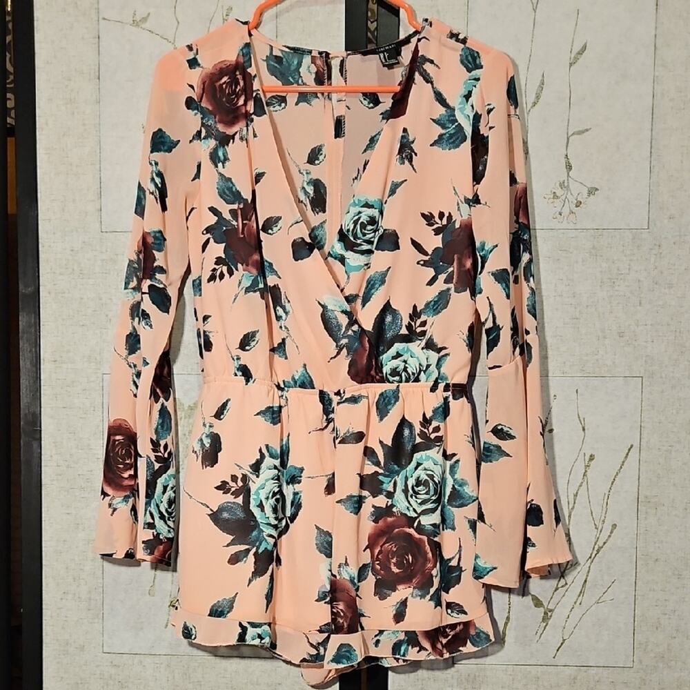 Forever 21 Pink Floral Wrap Jumpsuit with 3/4 Sleeves